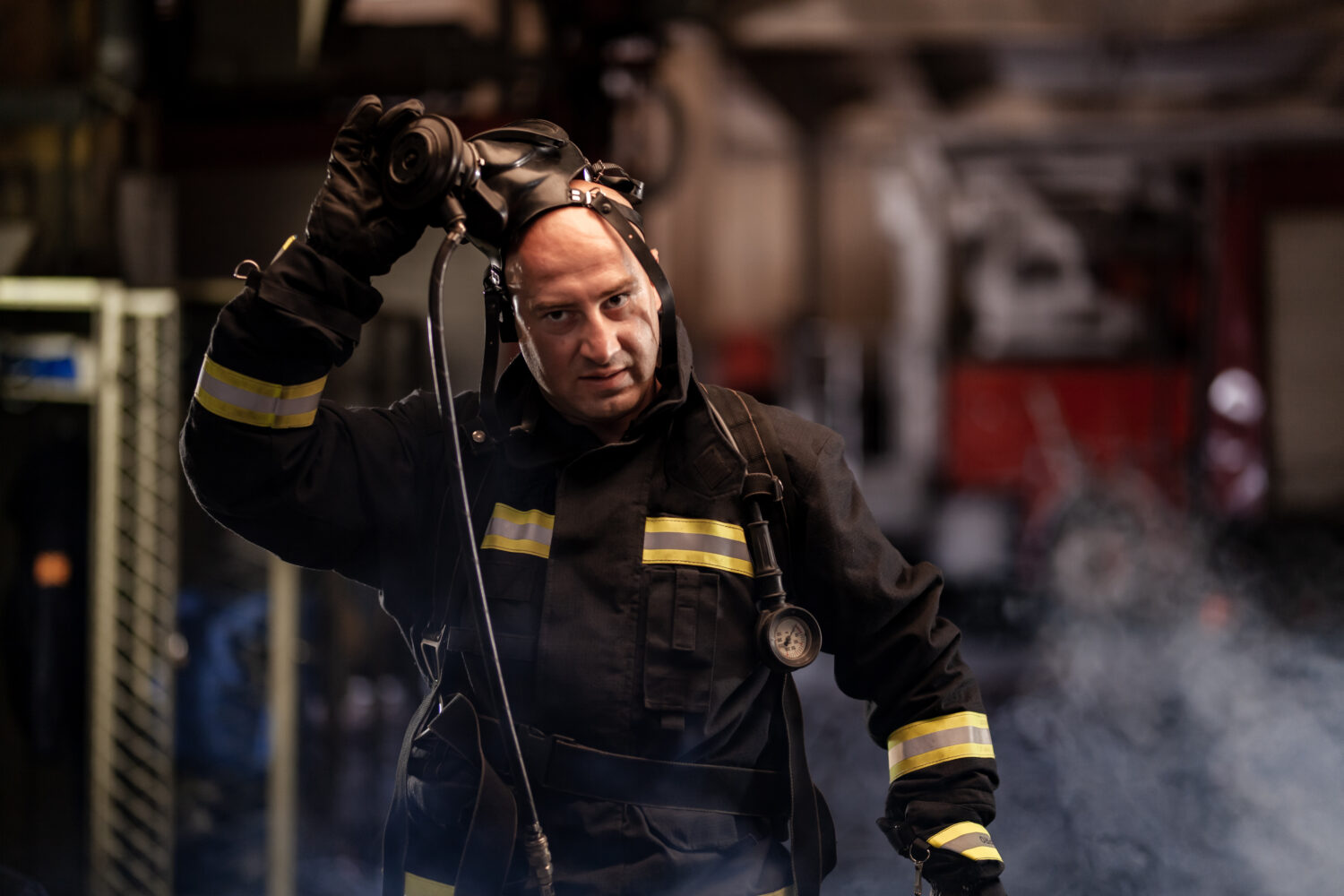 Firefighter removing mask while invisible toxins from airborne hazards remain. 